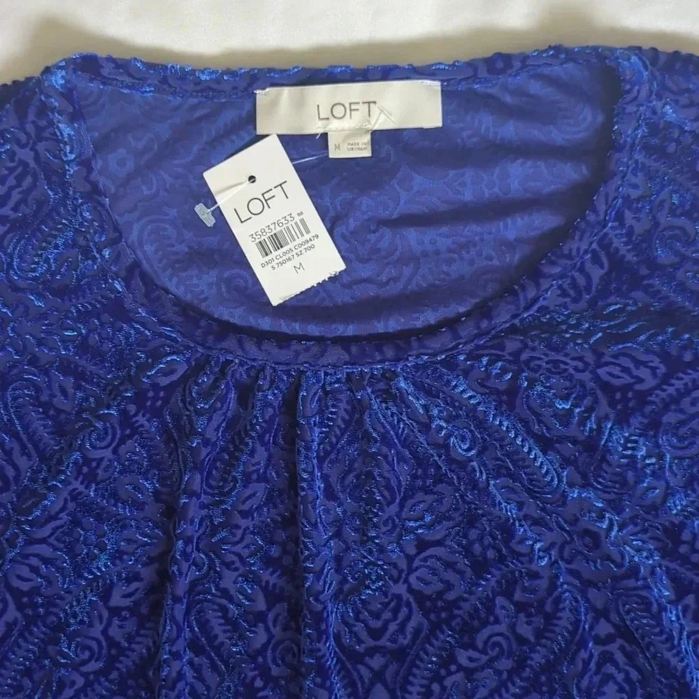 NWT LOFT Mosaic Cozy Velour Top, Cinderella Blue Size M